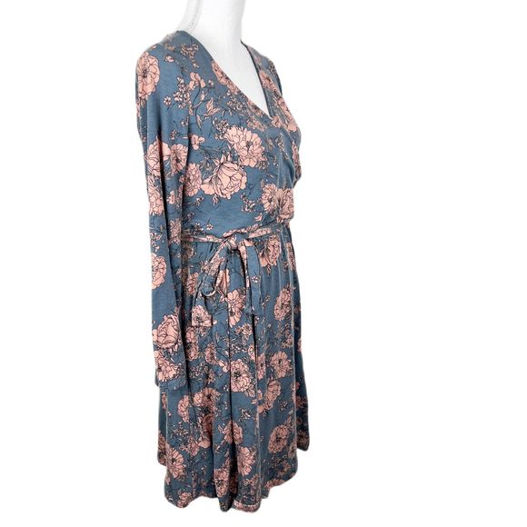 Moosungeek Dress Women Large Blue Floral All Over Print Long Sleeve Surplice - Picture 3 of 15